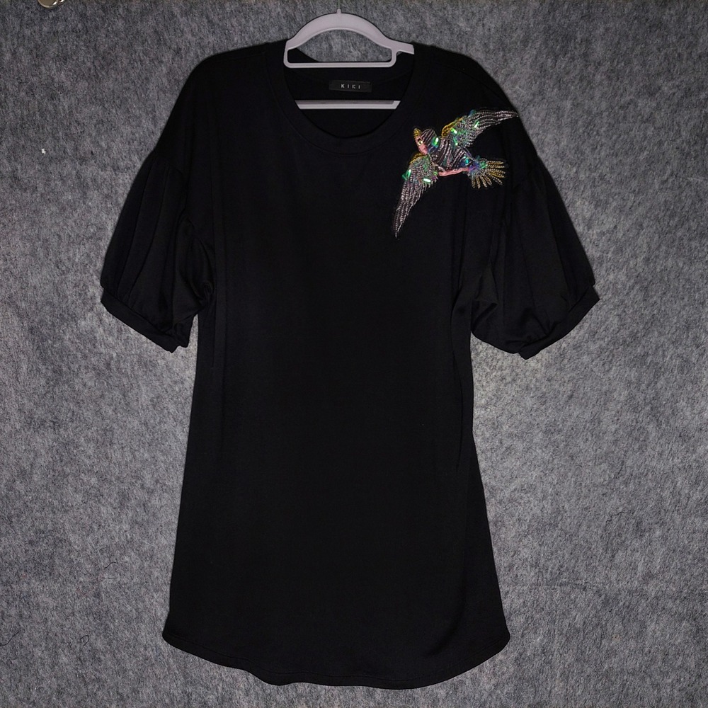 KIKI T-Shirt‎ Dress Women Large Black Sequin Bird Embellished Puff Sleeve Mini